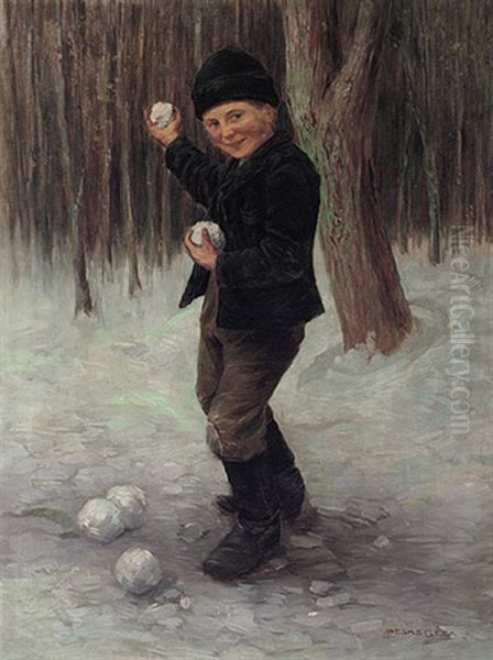 Knabe Mit Schneeballen In Winterlicher Waldlandschaft Oil Painting by Geza Peske