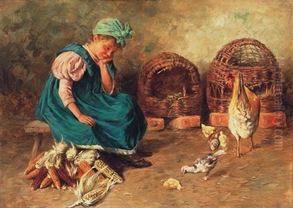 Kislany Csibekkel - Girl With Chicks Oil Painting by Geza Peske