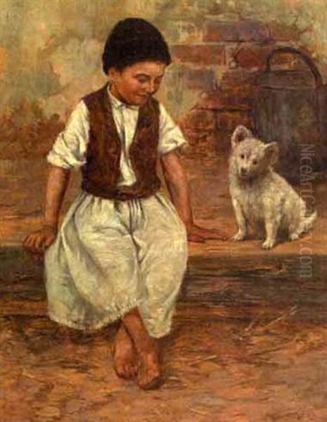 Young Boy With His Puppy Oil Painting by Geza Peske