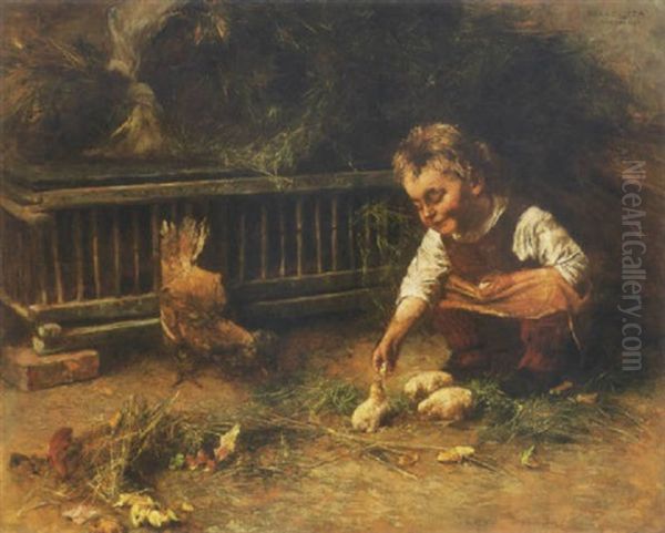 Csibekkel Jatszo Kislany (girl Playing With Chicken) Oil Painting by Geza Peske