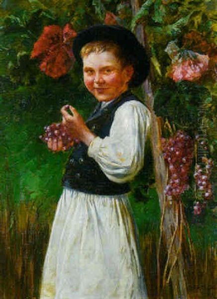 A Young Boy In A Vineyard Oil Painting by Geza Peske