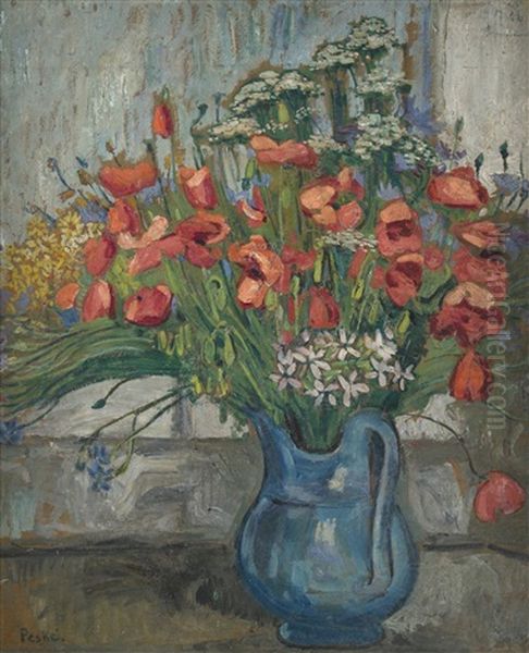 Poppies In A Blue Jug Oil Painting by Jean Peske