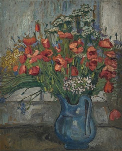 Poppies In A Blue Jug Oil Painting by Jean Peske