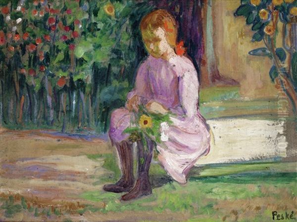 Girl With Flowers (recto), Landscape Sketch (verso) Oil Painting by Jean Peske