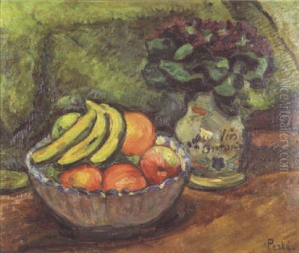 Compotier De Fruits Et Pichet Fleuri Marquee Au Vin D'antonin Oil Painting by Jean Peske