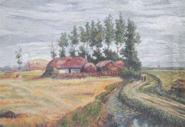 Paysage Aux Chaumieres Et Au Ruisseau Oil Painting by Jean Peske