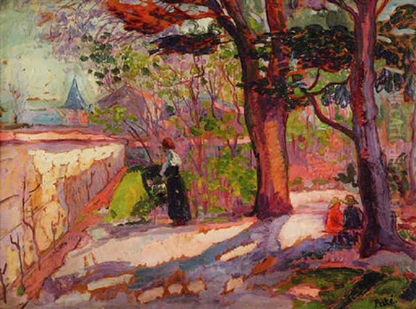 Femme Et Ses Enfants Dans Le Parc D'une Propriete Oil Painting by Jean Peske