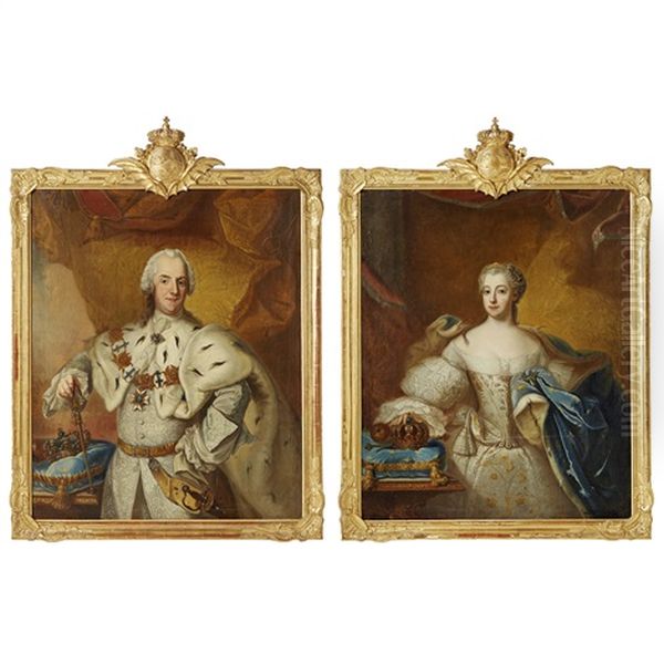 Portratt Av Adolf Fredrik, Kung Av Sverige, Hertig Av Holstein-gottorp (1710-1771), Ikladd Hermelinbramad Mantel Och Barandes Serafimerordens Ordenstecken Och Kedja, Och Av Drottning Lovisa Ulrika (1720-1782) Ikladd Broderad Klanning Med Hermelinbramad Bl Oil Painting by Antoine Pesne