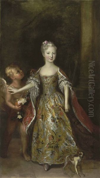 Portrait Of A Lady, Probably Archduchess Maria Anna Of Austria, In A Gold-and-jewel-embroidered Dress, With A Fleur-de-lys Cape, A Figure Of Cupid And A Small Dog Beside Oil Painting by Antoine Pesne