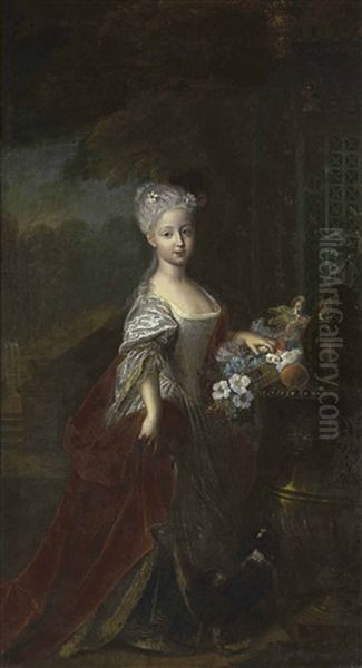 Portrait Of A Girl, Probably Empress Maria Theresa Of Austria, In A Silver Dress And Red Velvet Robe, With A Dog And A Monkey Oil Painting by Antoine Pesne