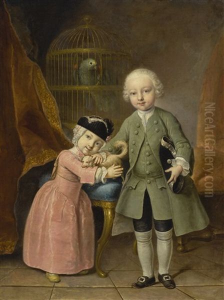 Portrait Of Two Children Standing In An Interior, With A Dog And Parrot Oil Painting by Antoine Pesne