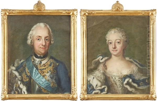 Portratt Forestallande Kung Adolf Fredrik Ikladd Broderad Jacka Barandes Serafimerordens Bla Band Och Hans Gemal Drottning Lovisa Ulrika Ikladd Broderad Klanning Med Hermelinbramad Mantel I Bla Sammet Oil Painting by Antoine Pesne