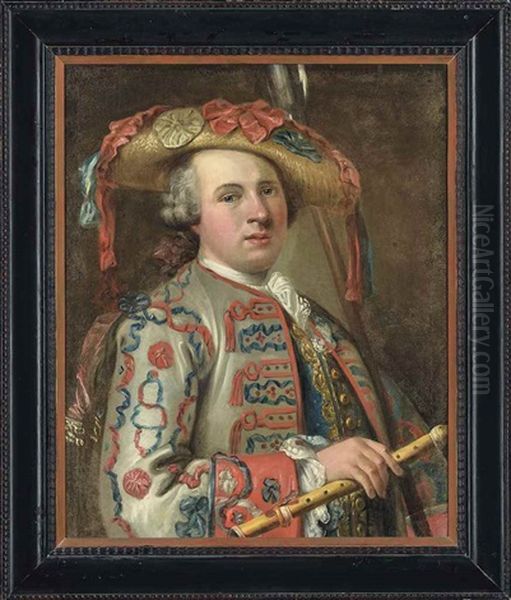 Portrait Of A Musician, In A Grey Coat With Blue And Red Embroidered Tassels, Wearing A Straw Hat With Red And Blue Ribbons, A Flute In His Right Hand Oil Painting by Antoine Pesne