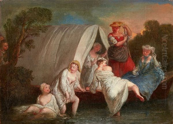 Ladies Bathing By A Covered Gondola Oil Painting by Antoine Pesne