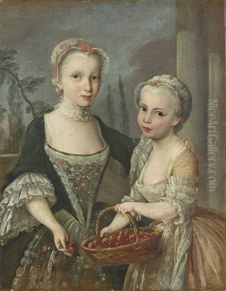 Deux Petites Filles Tenant Un Panier De Cerises Oil Painting by Antoine Pesne