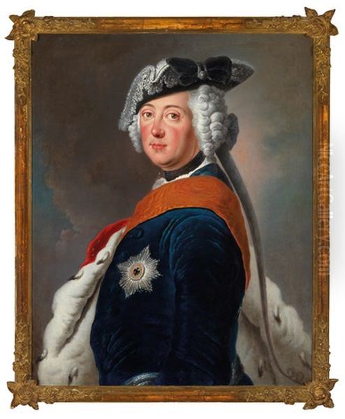 King Frederick Ii Of Prussia In A Blue Infantry Uniform With Ermine, Star, And Ribbon Of The Order Of The Black Eagle Oil Painting by Antoine Pesne