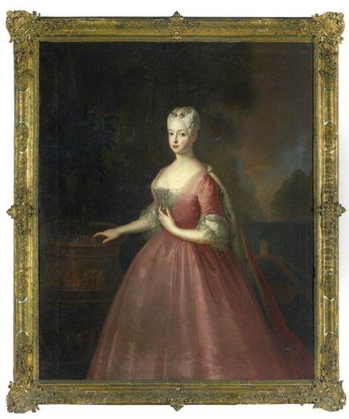 Portrait Of Friederike Luise, Margravine Of Ansbach (1714 - 1784), Three-quarter Length, Wearing A Pink Dress And Standing In A Walled Garden Oil Painting by Antoine Pesne