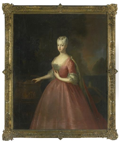 Portrait Of Friederike Luise, Margravine Of Ansbach (1714 - 1784), Three-quarter Length, Wearing A Pink Dress And Standing In A Walled Garden Oil Painting by Antoine Pesne