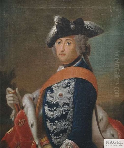 Portrait Friedrichs Des Grosen Im Blauen Rock Mit Dem Schwarzen Adler Orden, Marschallstab Und Hermelinmantel Oil Painting by Antoine Pesne