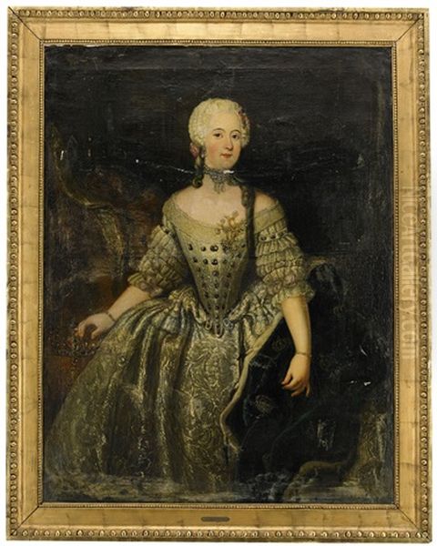 Portratt Forestallande Drottning Lovisa Ulrika (1720-1782) Ikladd Robe De Cour Av Broderat Och Spetsprytt Silvertyg, Hermelinbramad Morkbla Mantel Oil Painting by Antoine Pesne