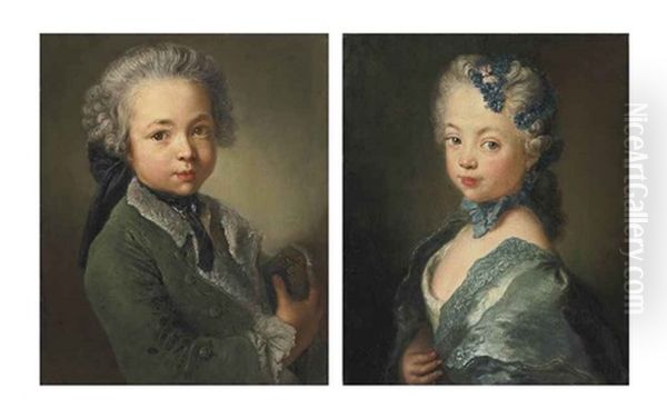 Portrait Of The Artist's Grandson, Bust-length, In A Fur-lined Green Coat, Holding A Tricorne (+ Portrait Of The Artist's Granddaughter, Bust-length, In A White Dress With A Blue Mantle, A Blue Ribbon And A Flowered Headdress; Pair) Oil Painting by Antoine Pesne