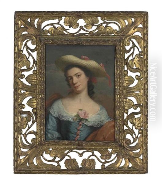 Portrait Of A Lady, Bust-length, In A Blue Dress With Lace Trim, A Rust Wrap And A Hat With Red Ribbon Oil Painting by Antoine Pesne