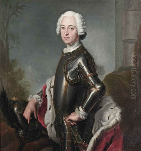 Portrait Of Friedrich, Duke Of Mecklenburg-schwerin, Called Friedrick Der Fromme, In Armour And An Ermine-lined Red Cloak, Standing Near A Column In A Landscape Oil Painting by Antoine Pesne