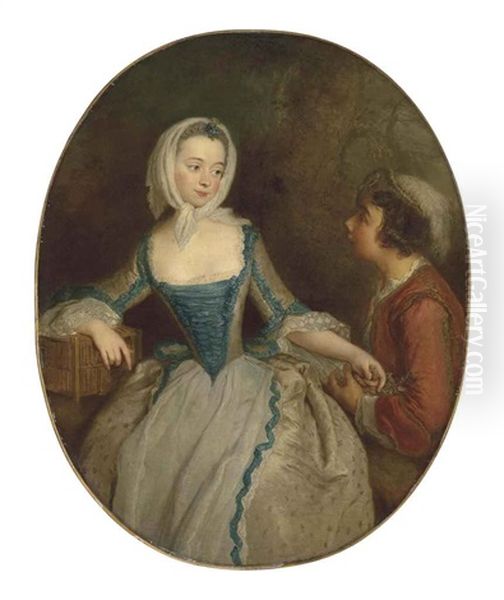 A Young Girl With A Birdcage, And A Young Boy Holding A Bird's Nest, In A Wooded Landscape Oil Painting by Antoine Pesne