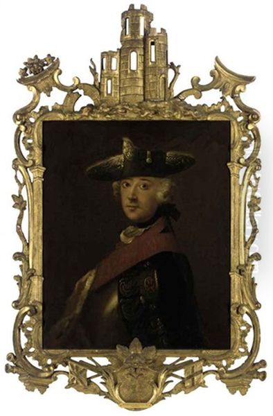 Portrait Of Emperor Frederick The Great Of Prussia Wearing A Prussian Order, In A Silver-embroidered Tricorn And Ermine-lined Mantle Oil Painting by Antoine Pesne