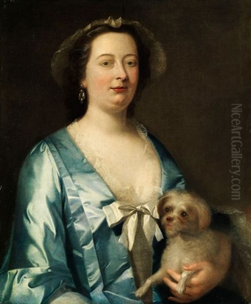 Portraitbildnis Einer Dame In Blauem Seidenkleid Mit Schosshundchen Oil Painting by Antoine Pesne