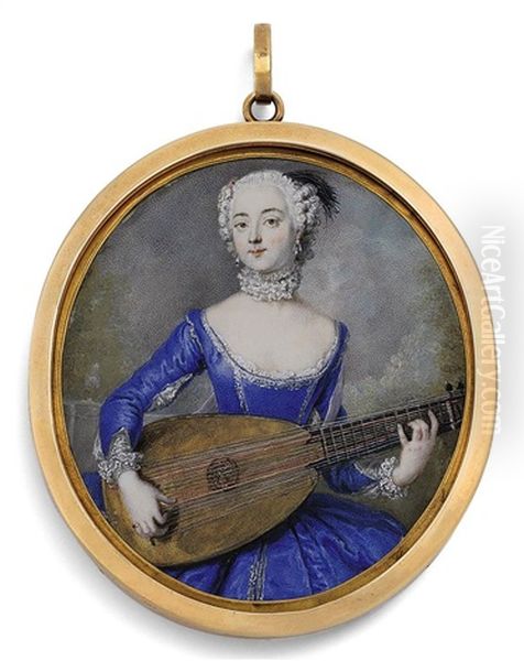 Eleonore Freifrau Von Keyserlingk, Nee Countess Of Schlieben-sanditten Playing A Lute Oil Painting by Antoine Pesne