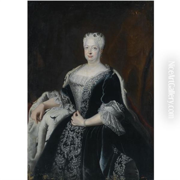 Portrait Of Queen Sophie Dorothea Of Prussia, Wearing A Blue And Silver Embroidered Dress And A Red Ermine Coat Oil Painting by Antoine Pesne