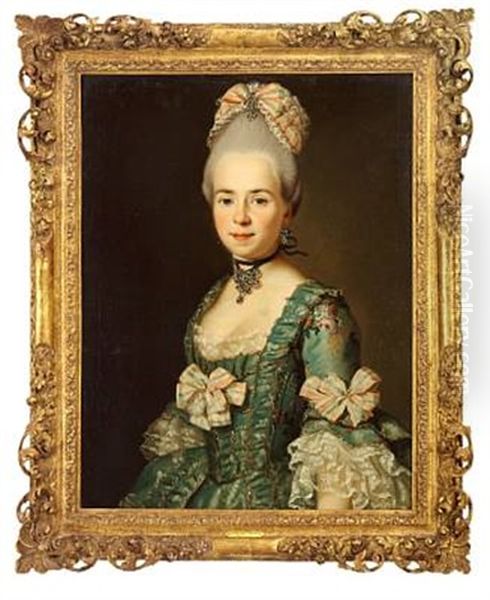 Elegant Lady In A Blue Brocade Dress Decorated With Flowers, Sleeves With Lace Oil Painting by Antoine Pesne