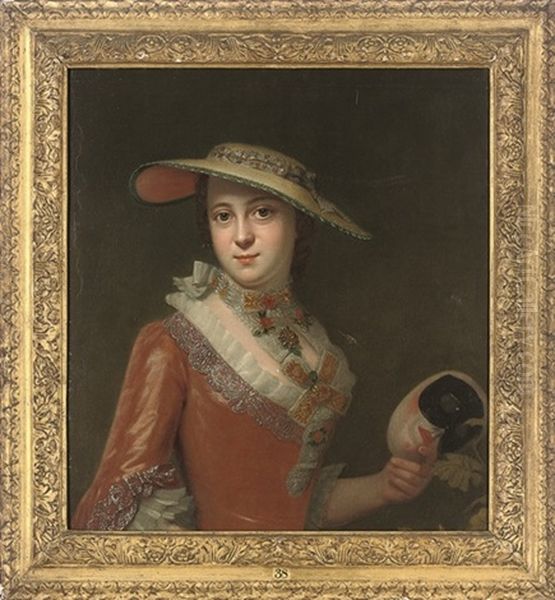 Portrait Of A Lady, Half-length, In A Red Embroidered Dress, And A Straw Hat, A Mask In Her Left Hand Oil Painting by Antoine Pesne