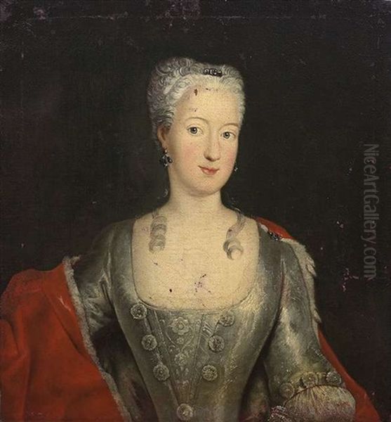 Erbprinzessin Wilhelmine Von Bayreuth, Prinzessin Von Preusen. Brustbild In Silbergrauem Atlaskleid Und Hermelinmantel Oil Painting by Antoine Pesne