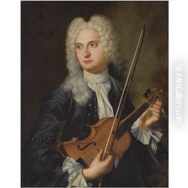 Portrait Of A Musician, Wearing A Blue Coat With A White Chemise, Tuning His Violin Oil Painting by Antoine Pesne