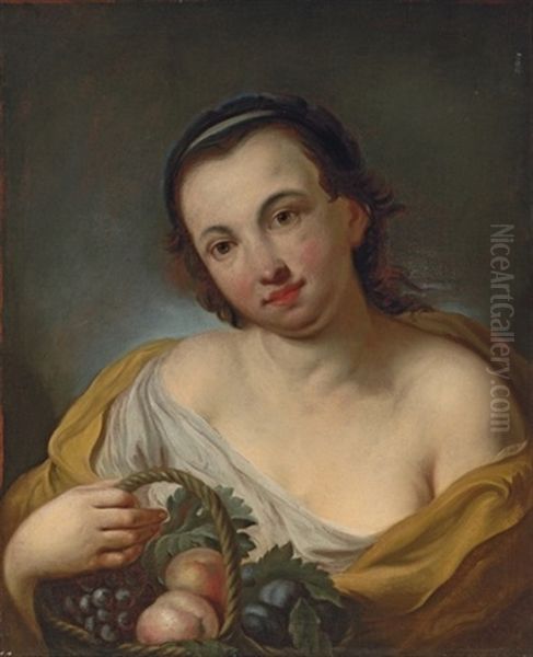 A Lady With A Basket Of Peaches, Plums And Grapes Oil Painting by Antoine Pesne