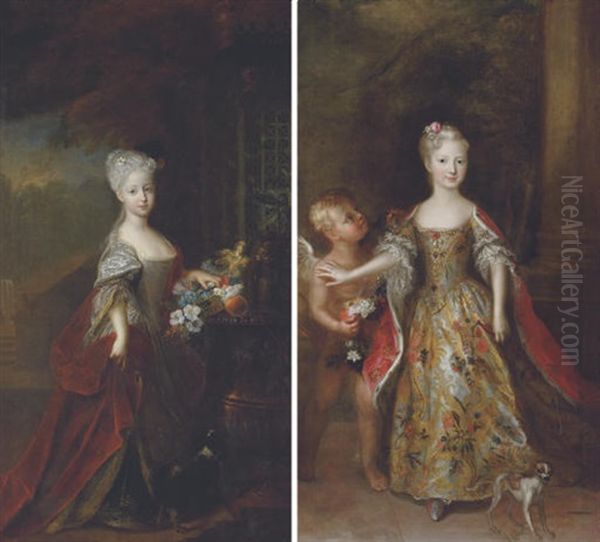 Portrait Of A Princess (empress Maria Theresa Of Austria?) In A Silver Dress (+ Another; Pair) Oil Painting by Antoine Pesne