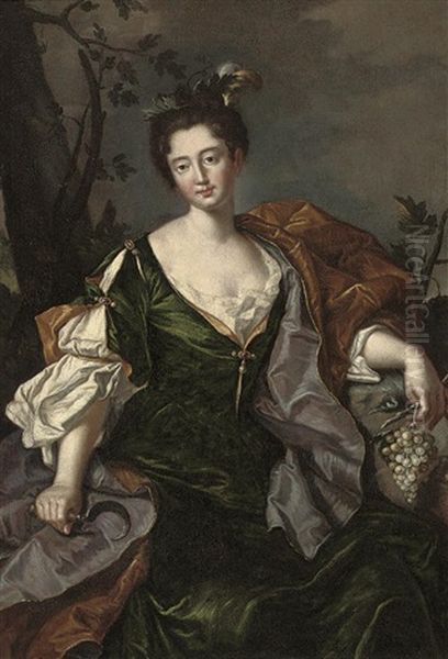 Portrait Of A Lady As Ceres, In Green Classical Dress And Brown Wrap, A Bunch Of Grapes In Her Left Hand, A Sickle In Her Right Oil Painting by Antoine Pesne