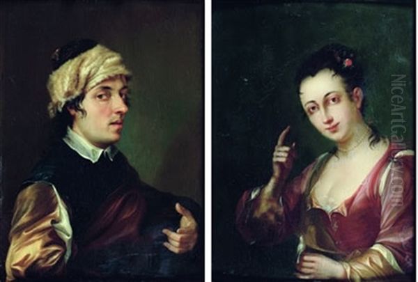 Portrait D'homme Au Turban De Fourrure (+ Portrait De Femme Au Serin; Pair) Oil Painting by Antoine Pesne