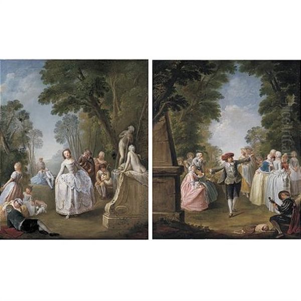 Fetes Galantes (pair) Oil Painting by Antoine Pesne