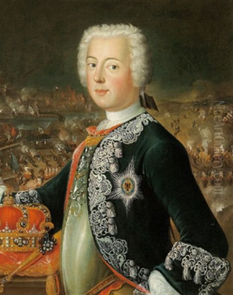 Bildnis Friedrich Des Grosen Mit Dem Schwarzen Adlerorden Uber Dem Kurass, Links Auf Dem Kissen Die Preusische Konigskrone Und Szepter by Antoine Pesne