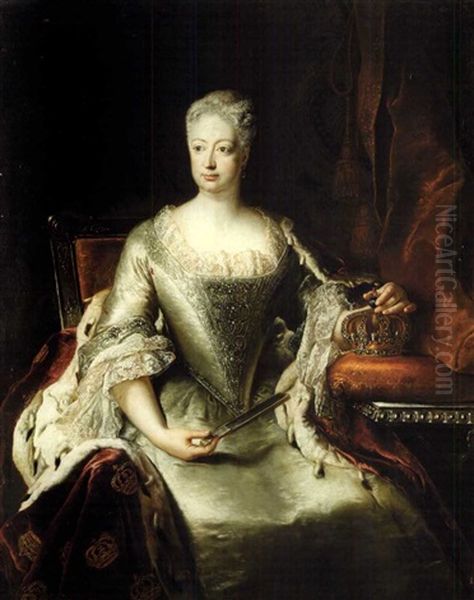 Portrait Of Queen Sophie Dorothea Of Prussia In A White Dress Holding A Fan And Her Crown Oil Painting by Antoine Pesne