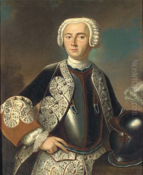 Portrait Of Friedrich, Margrave Von Brandenburg-bayreuth Wearing A Grey Coat With White Facings, Embroidered Waistcoat ... Oil Painting by Antoine Pesne