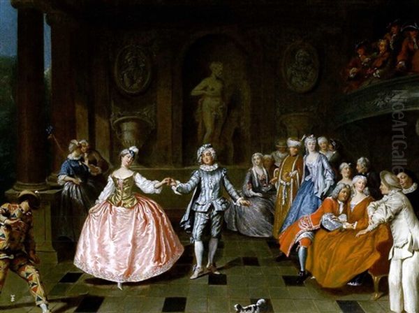 Le Bal Costume, Elegante Gesellschaft Mit Einem Tanzenden Paar Oil Painting by Antoine Pesne