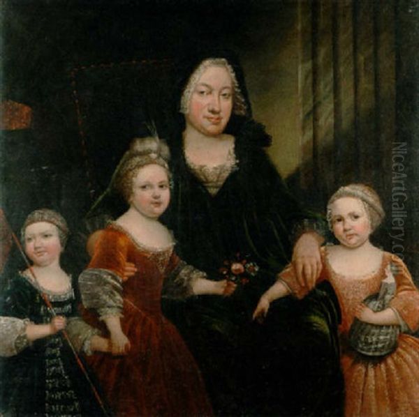 Portrait Of The Empress Maria Theresa With Her Three Daughters, One Holding A Flag, One A Bunch Of Flowers And The Other A Doll Oil Painting by Antoine Pesne