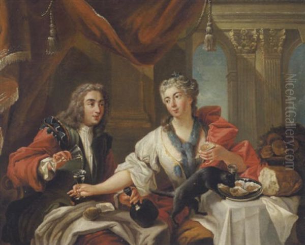 Galant Scene Med Herre Og Dame, Der Spiser Osters Og Drikker Vin Oil Painting by Antoine Pesne