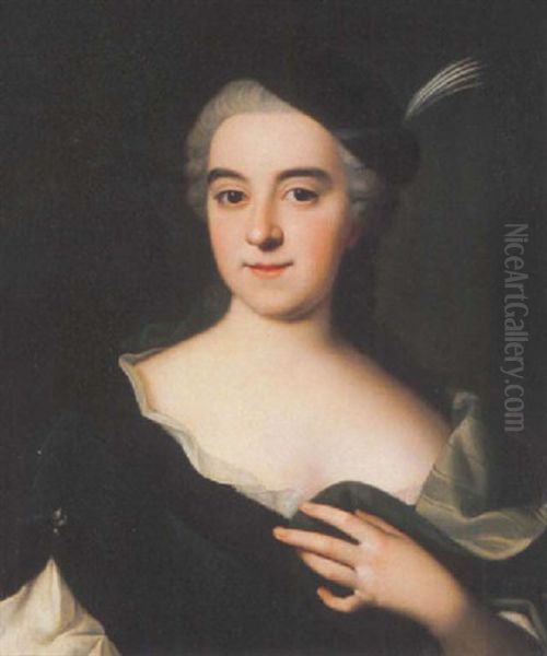 Portrait De Marie Nesles(?), Marquise De La Tourelle, Portant Une Robe Bleue Et Un Chapeau A Plume Oil Painting by Antoine Pesne