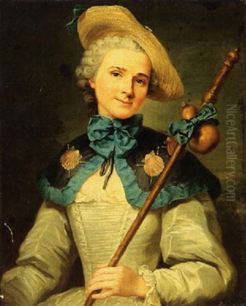 A Portrait Of A Lady Dressed As A Pilgrim Wearing A White Dress With Blue Cape And Holding A Shepherd's Staff Oil Painting by Antoine Pesne