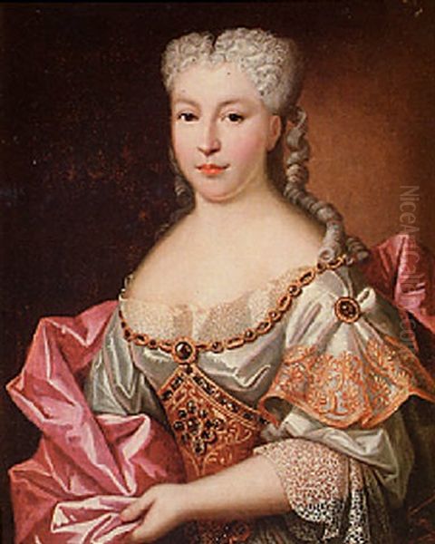 Portrait Of A Lady Wearing A White Embroidered Dress With Lace Trim And A Pink Wrap Oil Painting by Antoine Pesne